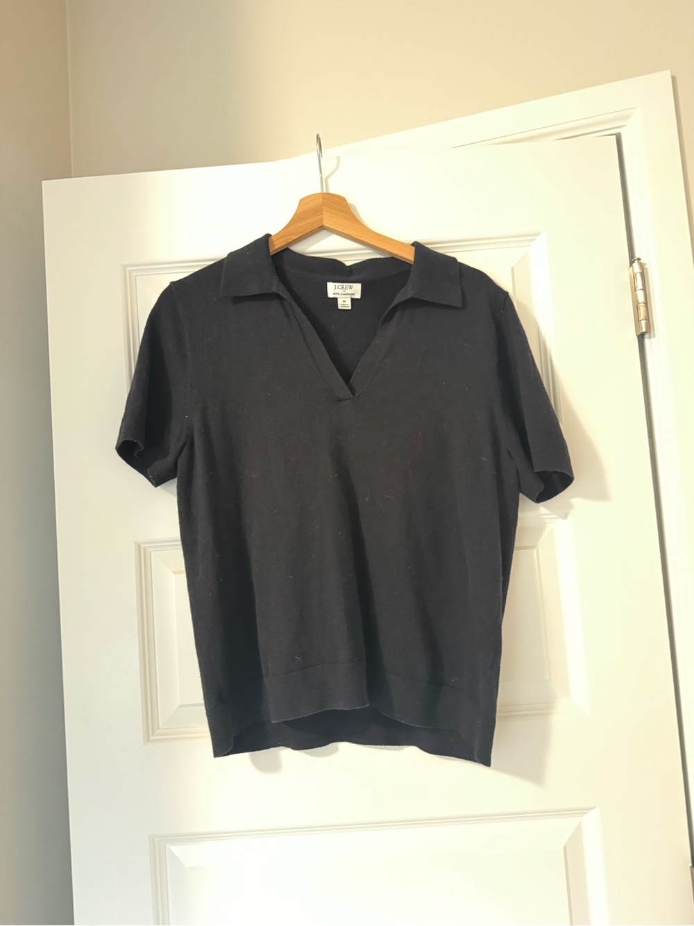 J. Crew Black Short Sleeve Polo V-Neck Top with Cashmere